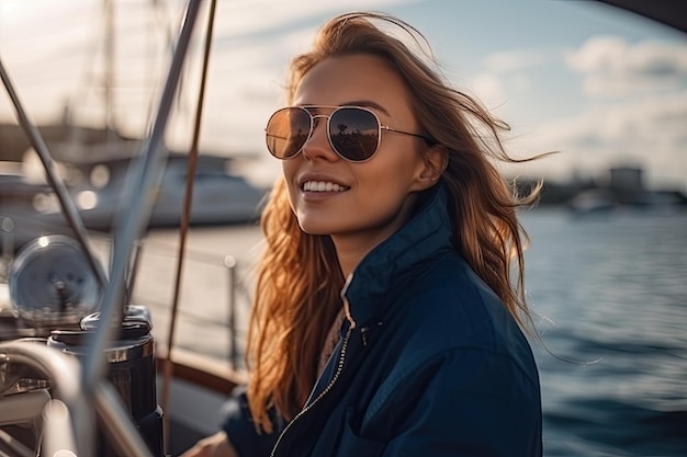 Young woman travels on a sailboat enjoying the freedom and adventure of the open sea Generative AI