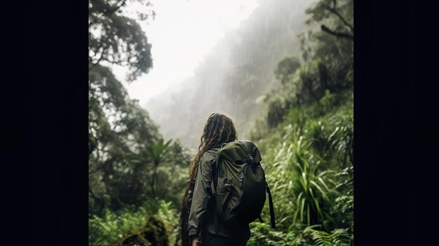 Foto giovane donna che fa trekking in natura