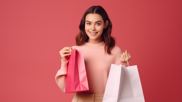young woman in trendy outfit with shopping bags and shopping bags on pink background