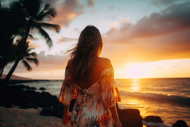 young woman in a tropical dress admiring the sunset from the beach