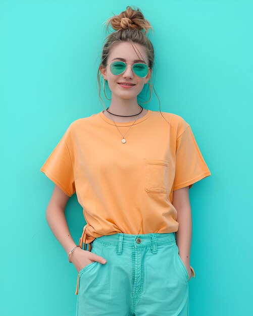 Young woman on turquoise background wearing orange top and sunglasses