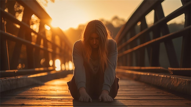 Photo young woman tying shoelaces on wooden bridge in the evening