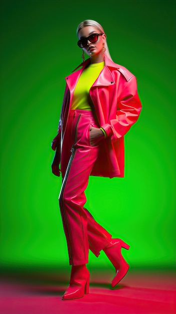 Young Woman in UltraFashionable Pink Faux Leather Pantsuit