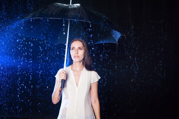 Young woman under umbrella. Protection from rain.