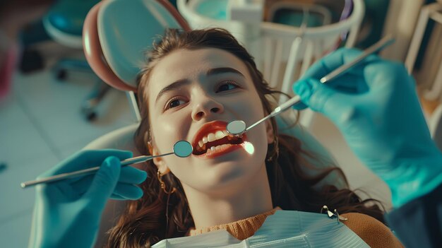 Young woman undergoing a dental procedure cheerful despite the circumstances bright modern clinic setup ideal for medical content AI