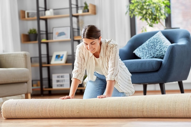 young woman unfolding carpet at home