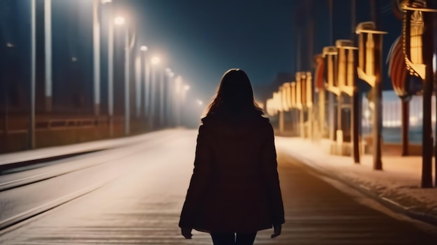 Young woman of unparalleled beauty walking alone through the dark night with no destination