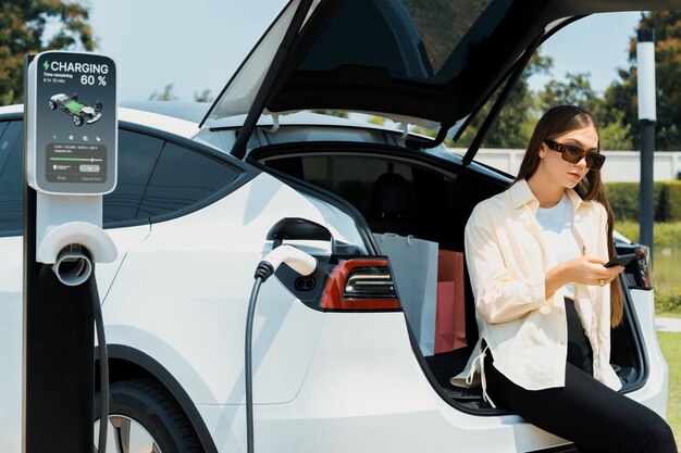 Foto giovane donna usa lo smartphone per pagare l'elettricità alla stazione pubblica di ricarica delle auto elettriche parco cittadino verde stile di vita urbano moderno, ambientale e sostenibile con veicolo elettrico conveniente