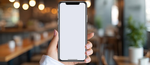 A young woman uses a smartphone with a white screen to shop check social media and order food delivery while sitting on a sofa at home