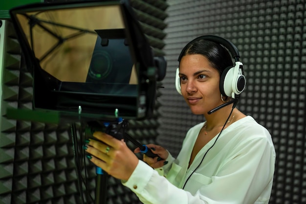 Photo young woman using a broadcast camera on set