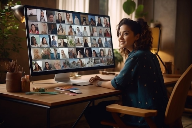 Photo young woman using computer on table with making video call meeting to team online and present work