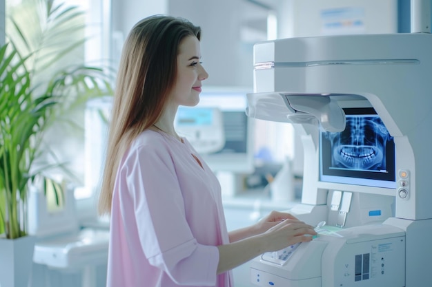 Молодая женщина использует рентгеновский сканер зубов в клинике