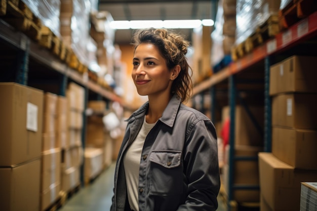 Photo young woman using the digital tablet in a warehouse