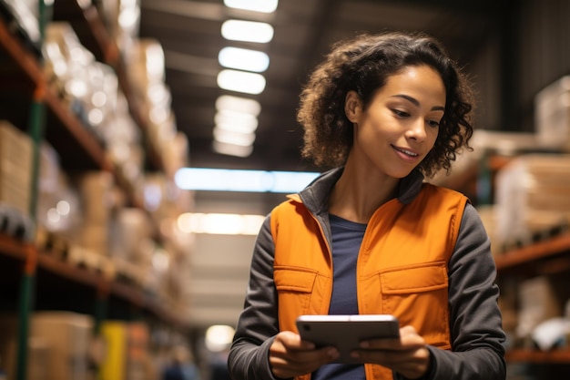 Photo young woman using the digital tablet in a warehouse