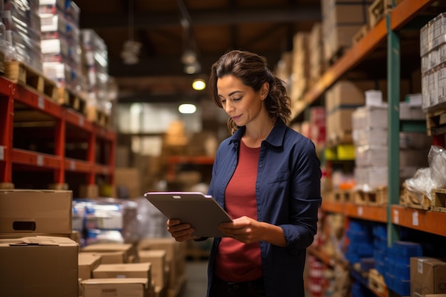 Young woman using the digital tablet in a warehouse