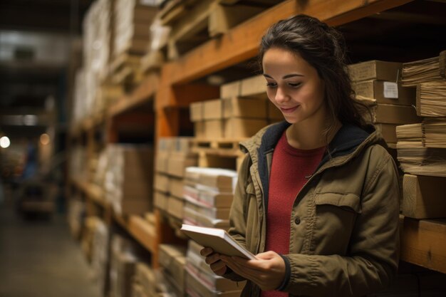 Photo young woman using the digital tablet in a warehouse