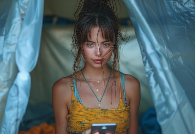 Young woman using her phone in tent