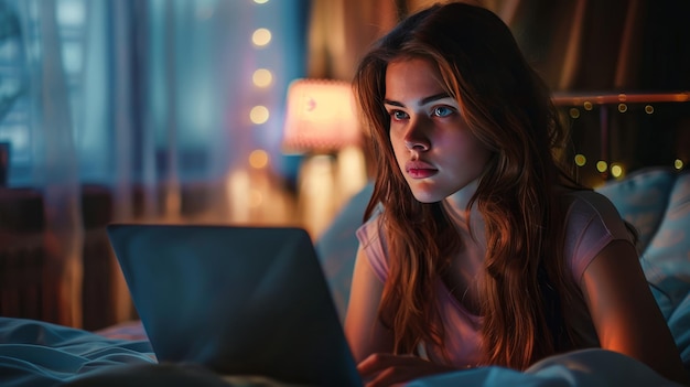 Young woman using laptop in bed at night illuminated by screen light