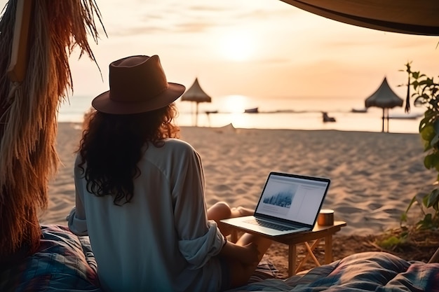 해변에서 노트북 컴퓨터를 사용하는 젊은 여성 프리랜서 여자 원격 프리랜서 온라인 작업