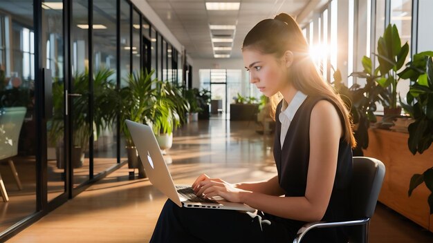 Young woman using laptop in hall of office