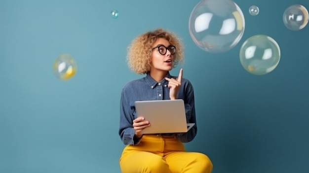 Photo young woman using laptop and thinking with mouth open gazing up at empty bubble generative ai