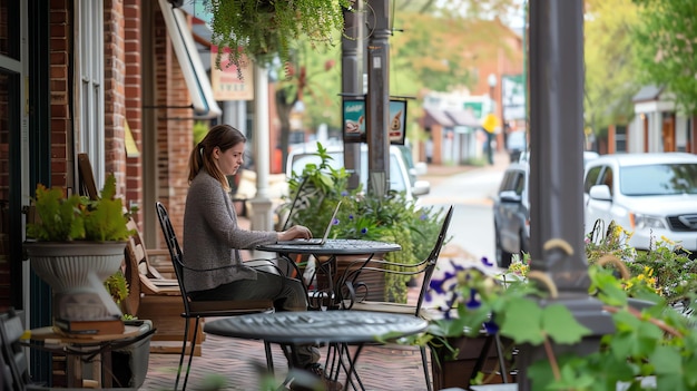 Photo young woman using laptop while sitting at outdoor cafe table in small town