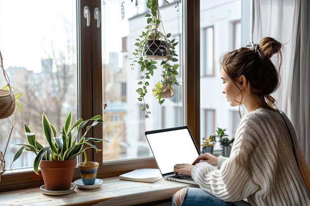 Photo young woman using laptop to work at home remote work white