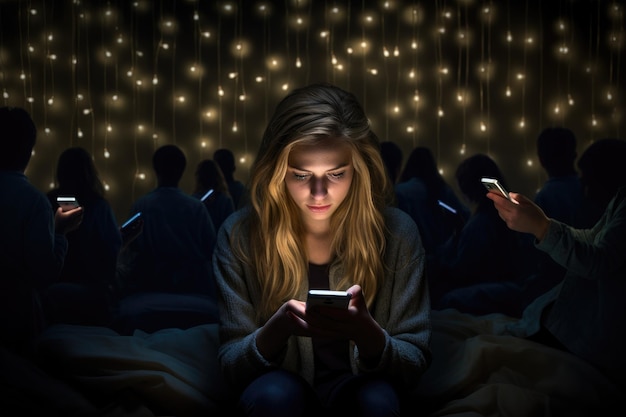 Young woman using mobile phone in bed at night with lights on background A woman's battle against insomnia and social media addiction unfolds in the soft glow of her phone AI Generated