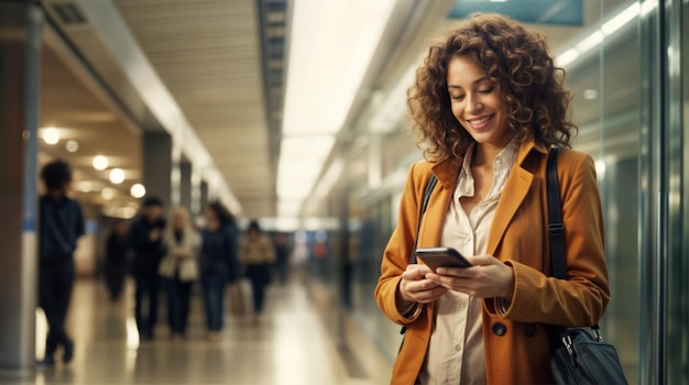 写真 地下鉄駅で携帯電話を使っている若い女性背景がぼやけています