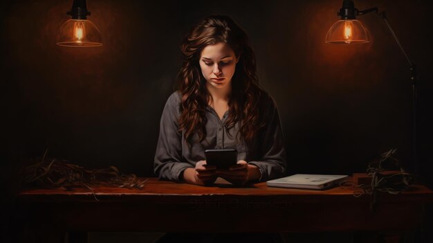 Фото Молодая женщина пользуется мобильным телефоном, сидя на столе.