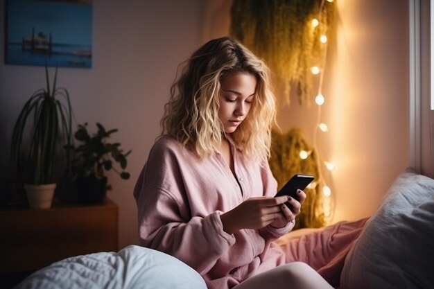 Young woman using smartphone at home Student girl texting on mobile phone in her room Communication home work or study connection mobile apps technology lifestyle concept