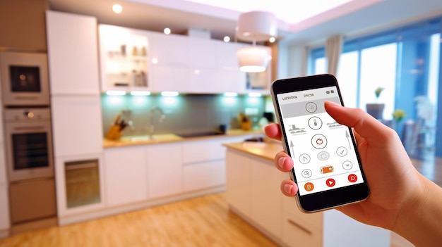 young woman using smartphone in kitchen internet of things concept generative ai