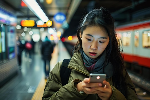 地下鉄駅でスマートフォンを使っている若い女性 都市ライフスタイルとコネクティビティ写真