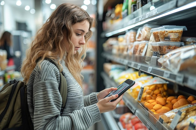 Young Woman Using Smartphone While Shopping in a Grocery Store Aisle