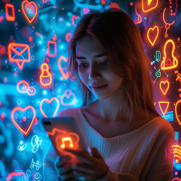 Young woman using a smartphone with social media icons around her