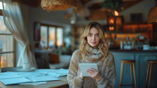 Young Woman Using Tablet in a Cozy Cafe Setting