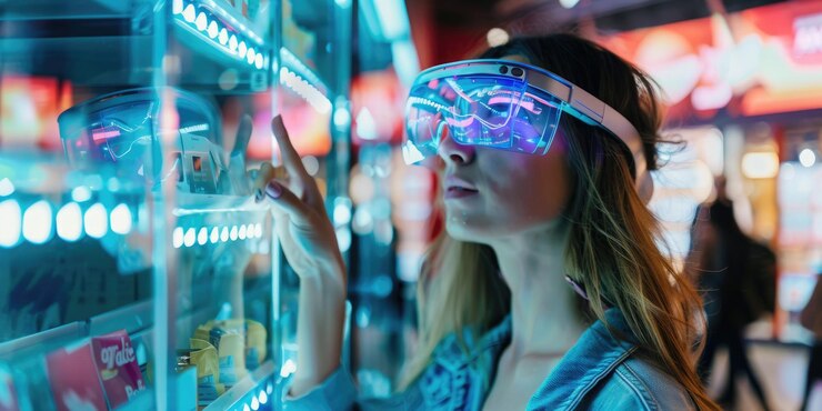 Photo a young woman using virtual reality goggles while shopping in a supermarket aisle aig62