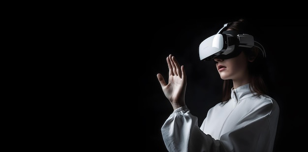 Молодая женщина, использующая гарнитуру виртуальной реальности и трогающая рукой что-то Генеративный ИИ