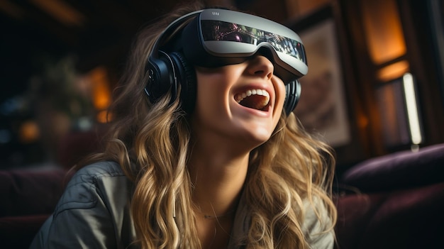 Young woman using virtual reality headset in the living room at night