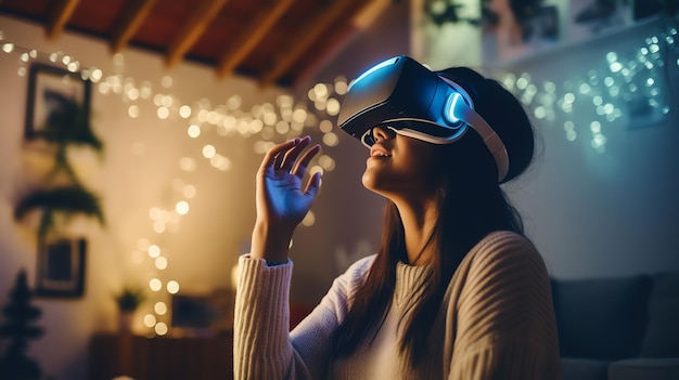 Young woman using virtual reality headset looking around at interactive technology in living room with multicolor projector light illumination