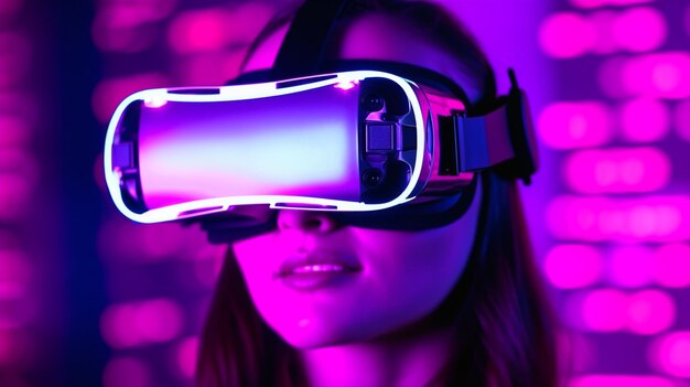 Young woman using virtual reality headset on purple background future technology conceptgenerative ai