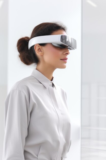 Young woman using a virtual reality headset with conceptual network lines