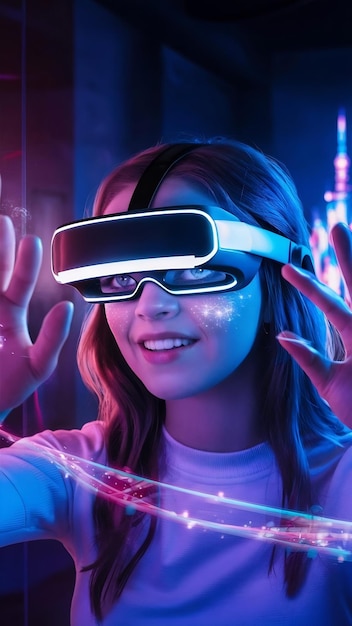 Young woman using vr glasses with neon lights