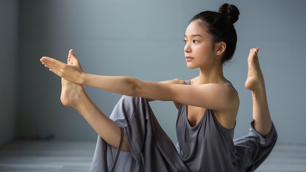 Photo young woman in utthita trikonasana pose grey studio background