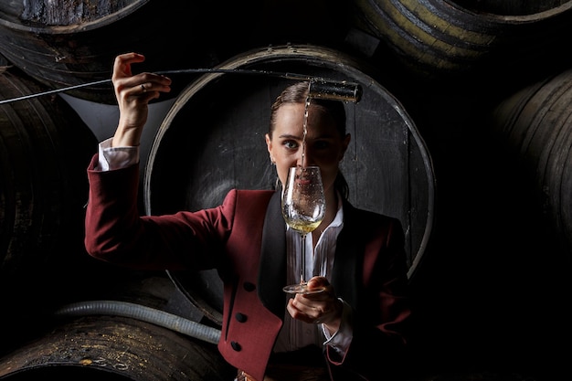 Young woman venenciador standing and pouring wine sample into glass with venencia in cellar