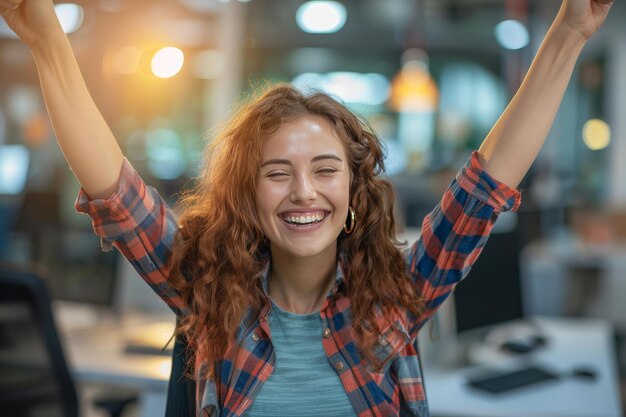 写真 若い女性はとても幸せで興奮し 勝者のジェスチャーをしています