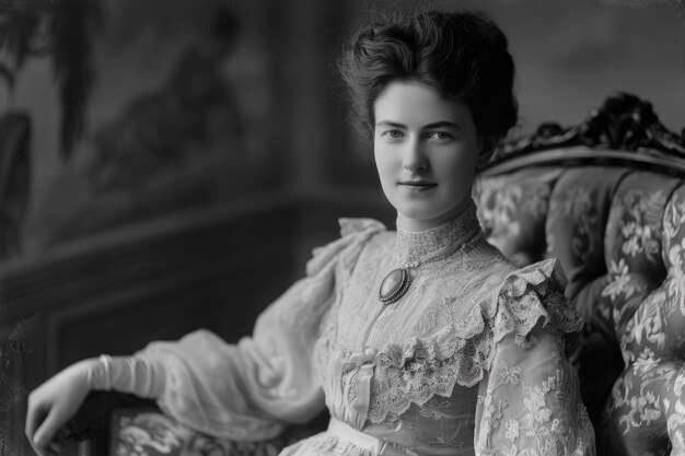 Photo a young woman in a victorianera dress sits on a plush armchair