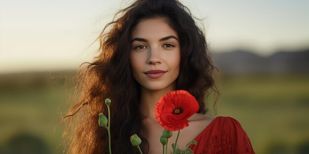 Young woman in a vintage dress holding a red poppy flower up to her face in a vibrant field of poppies Generative AI