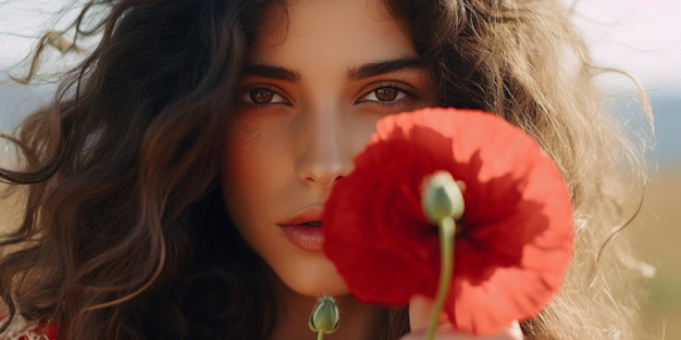 Young woman in a vintage dress holding a red poppy flower up to her face in a vibrant field of poppies Generative AI