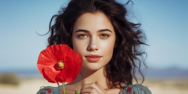 Young woman in a vintage dress holding a red poppy flower up to her face in a vibrant field of poppies Generative AI